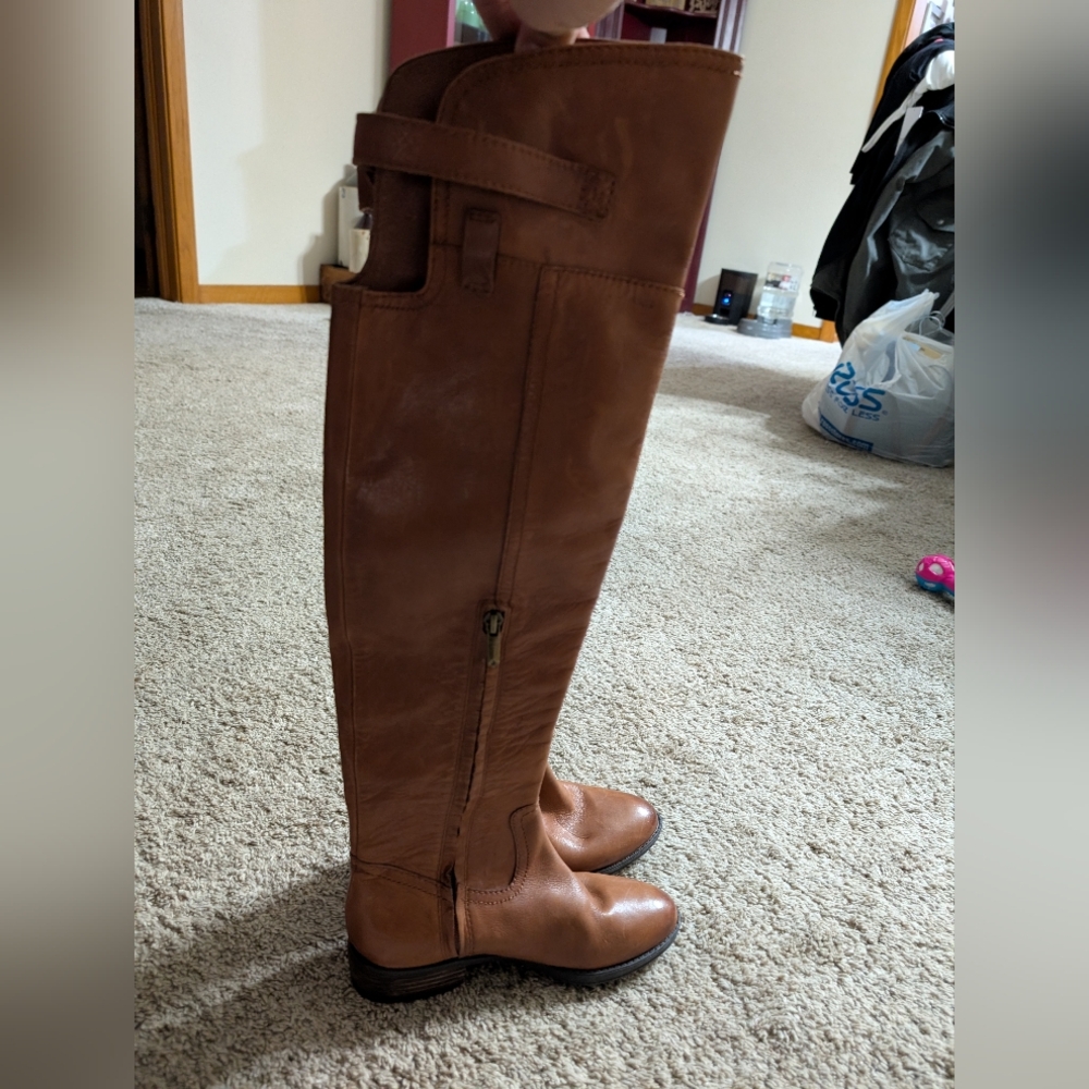 Sam Edelman Womens 4m Brown Leather Pierce Over The Knee Boots Tall Gold Button